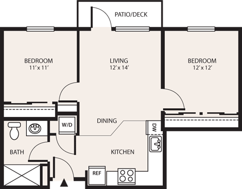 Floor plan for 2 beds, 1 bath, 750 sqft