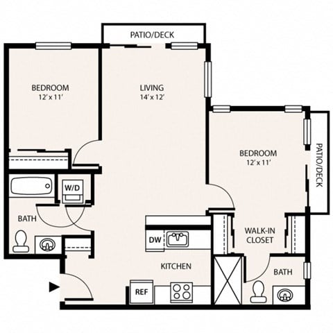 Floor plan for 2 beds, 2 baths, 882 sqft