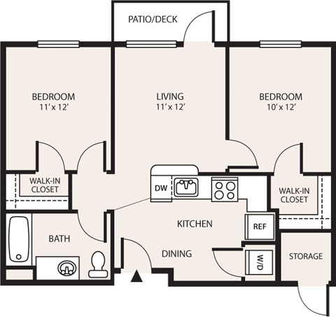 Floor plan for 2 beds, 1 bath, 750 sqft