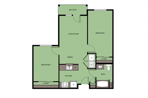 Floor plan for 2 beds, 1 bath, 734 sqft