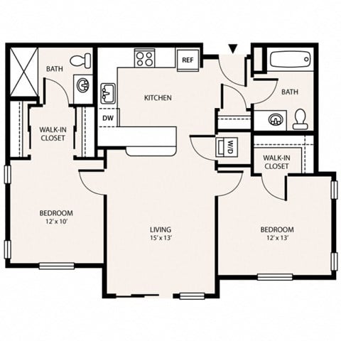 Floor plan for 2 beds, 2 baths, 887 sqft