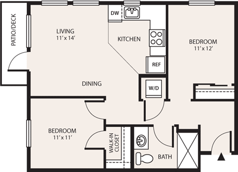 Floor plan for 2 beds, 1 bath, 750 sqft