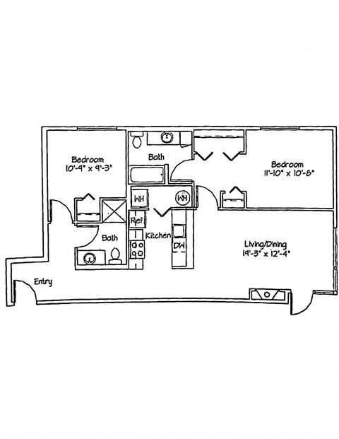 Floor plan for 2 beds, 2 baths, 938 sqft