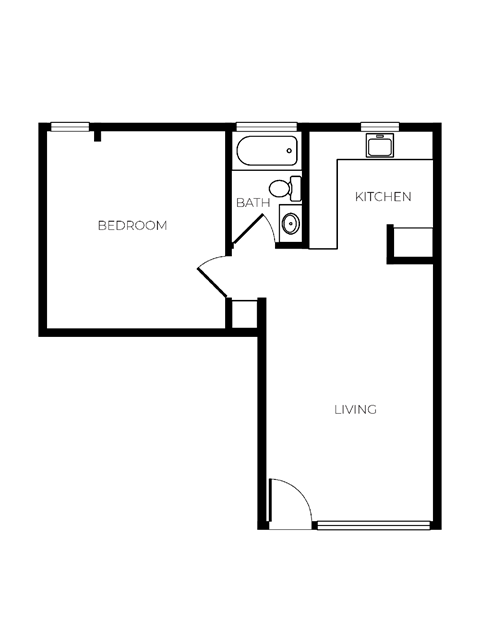Floor plan for 1 bed, 1 bath, 438 sqft