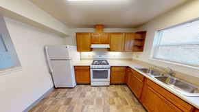 Bellingham apartment for rent - a kitchen with wooden cabinets and a refrigerator and a sink