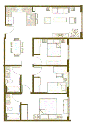 Floor plan for 3 beds, 2 baths, 1093 sqft