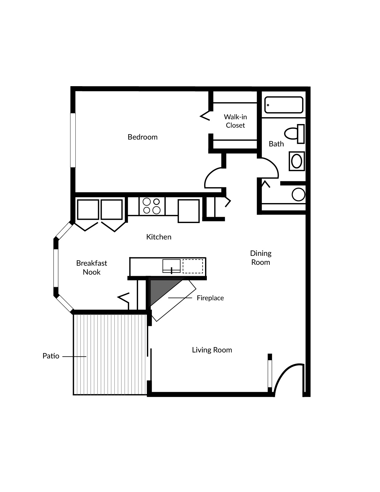 Floor plan for 1 bed, 1 bath, 797 sqft