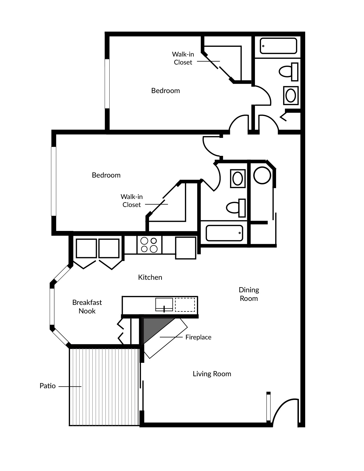 Floor plan for 2 beds, 2 baths, 1070 sqft