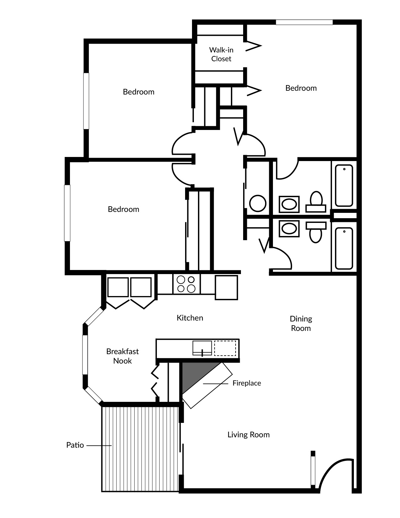 Floor plan for 3 beds, 2 baths, 1292 sqft