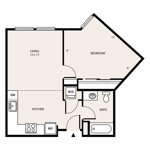 Floor plan for 1 bed, 1 bath, 598 sqft