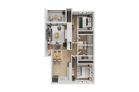 Floor plan for 2 beds, 2 baths, 970 sqft