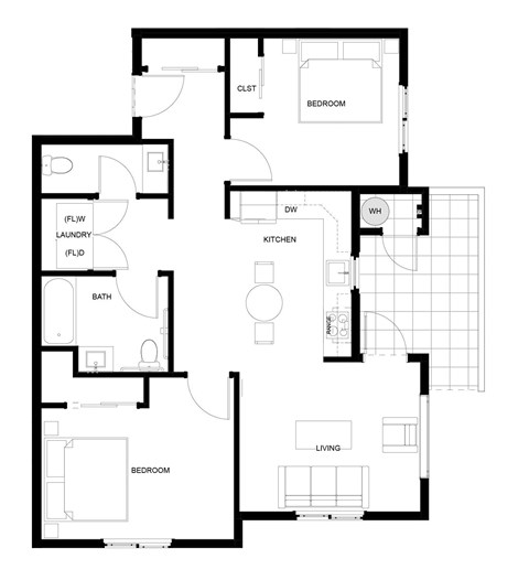 Floor plan for 2 beds, 1.5 baths, 819 sqft