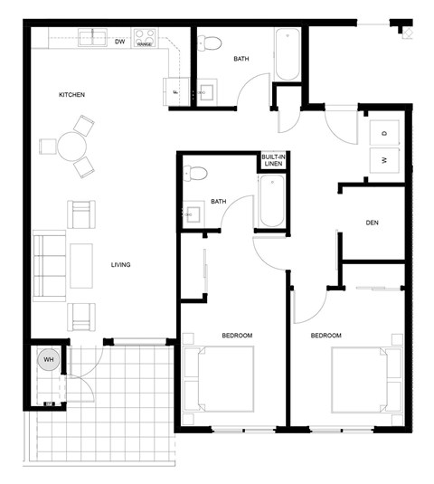 Floor plan for 2 beds, 2 baths, 1080 sqft