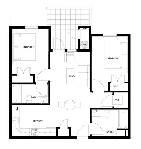Floor plan for 2 beds, 2 baths, 845 sqft