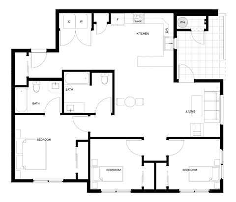 Floor plan for 3 beds, 2 baths, 1141 sqft