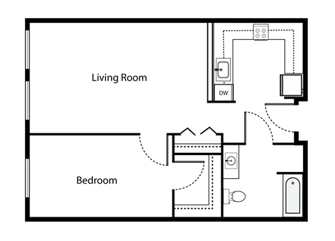 Floor plan for 1 bed, 1 bath, 597 sqft