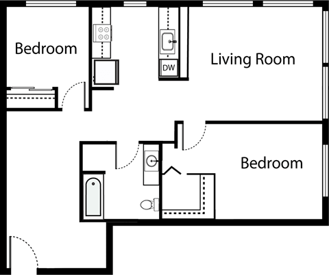 Floor plan for 2 beds, 1 bath, 684 sqft