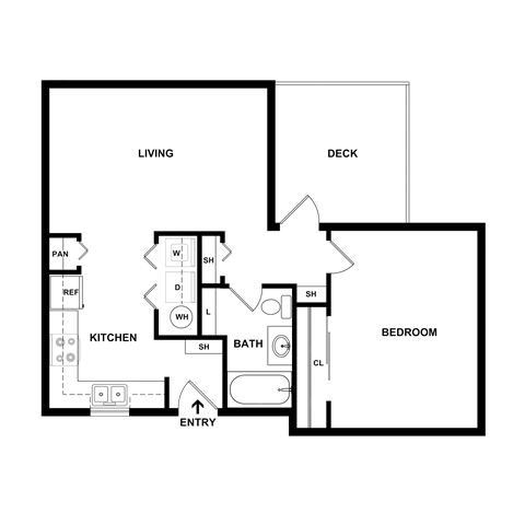 Floor plan for 1 bed, 1 bath, 659 sqft