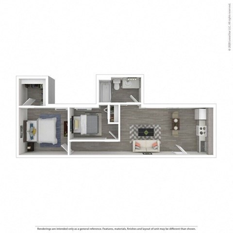 Floor plan for 2 beds, 1 bath, 618 sqft