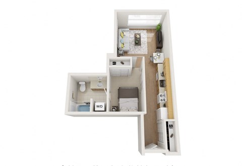 Floor plan for 1 bed, 1 bath, 591 sqft
