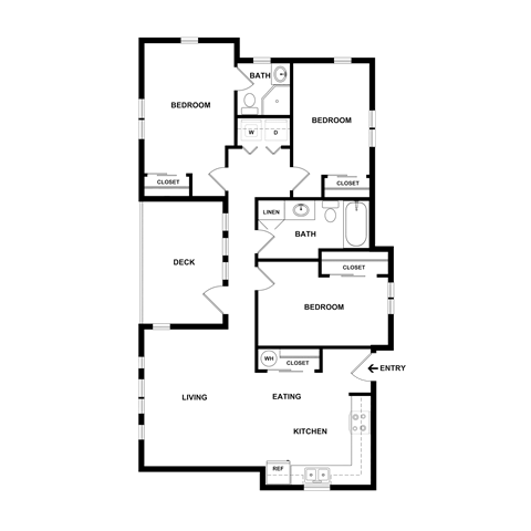 Floor plan for 3 beds, 2 baths, 1250 sqft