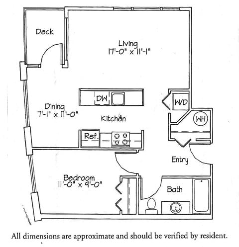 Floor plan for 1 bed, 1 bath, 661 sqft