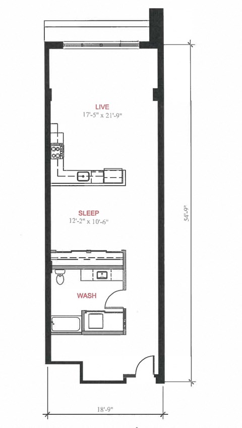 Floor plan for 1 bed, 1 bath, 984 sqft