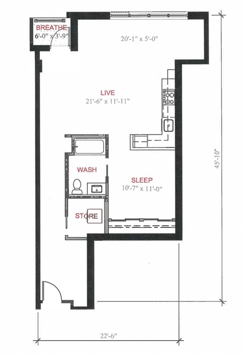 Floor plan for 1 bed, 1 bath, 828 sqft