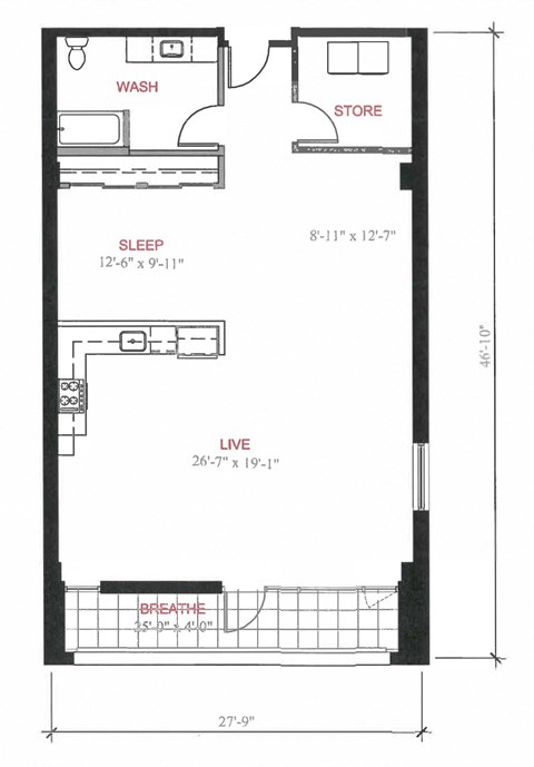 Floor plan for 1 bed, 1 bath, 1088 sqft