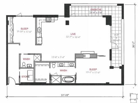 Floor plan for 2 beds, 2 baths, 1408 sqft