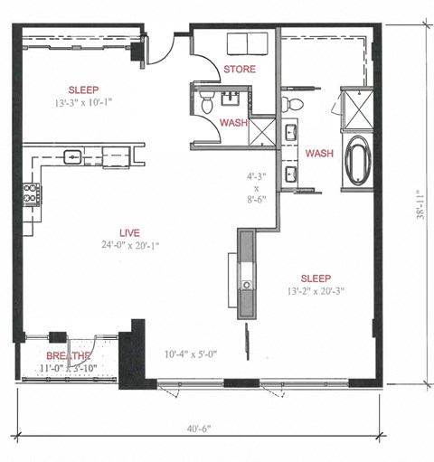Floor plan for 2 beds, 2 baths, 1437 sqft