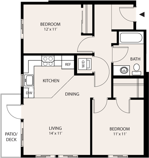 Floor plan for 2 beds, 1 bath, 718 sqft
