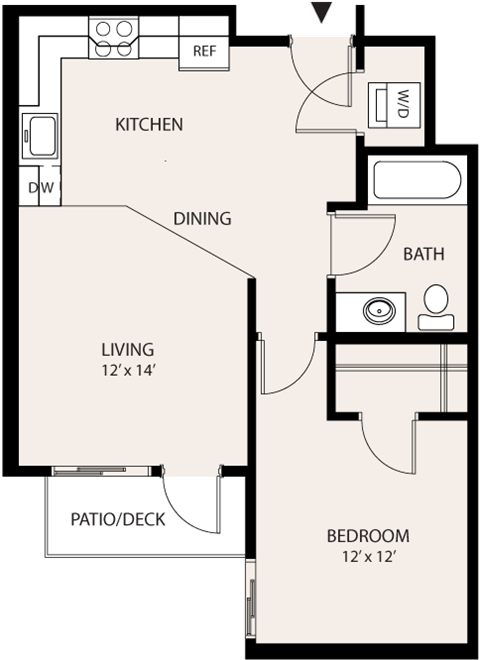 Floor plan for 1 bed, 1 bath, 617 sqft