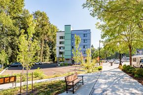 Bothell apartment for rent - A tree-lined street with a bench and a building in the background.