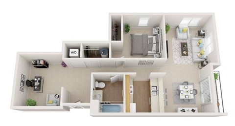 Floor plan for 1 bed, 1 bath, 770 sqft