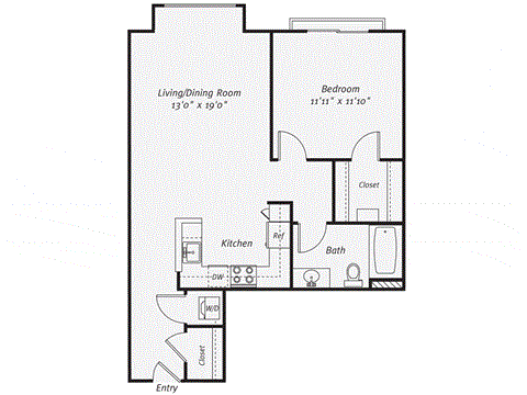 Floor plan for 1 bed, 1 bath, 742 sqft
