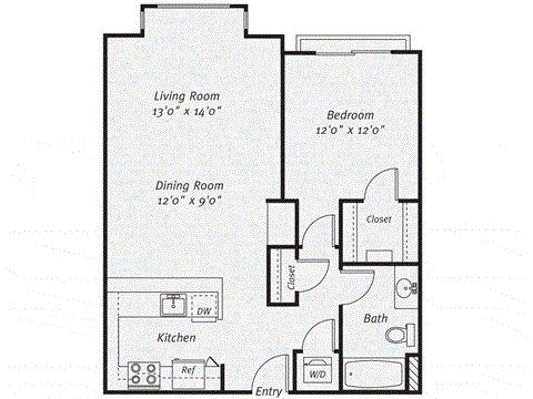 Floor plan for 1 bed, 1 bath, 784 sqft