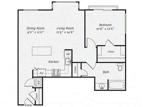 Floor plan for 1 bed, 1 bath, 862 sqft