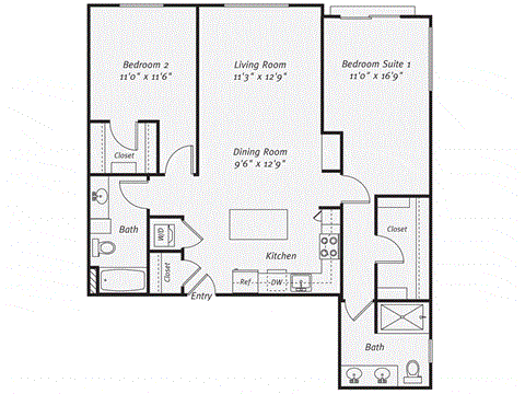 Floor plan for 2 beds, 2 baths, 1172 sqft