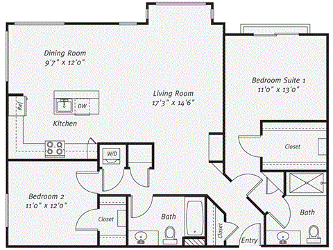 Floor plan for 2 beds, 2 baths, 1276 sqft