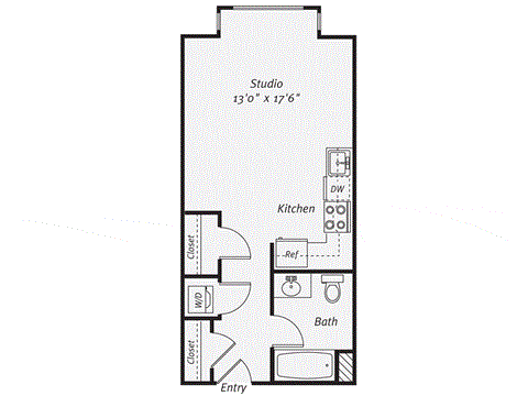 Floor plan for studio, 1 bath, 463 sqft