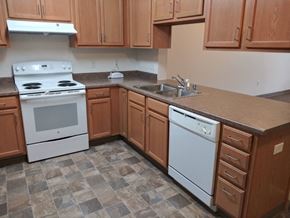 Bellingham apartment for rent - an empty kitchen with white appliances and wooden cabinets