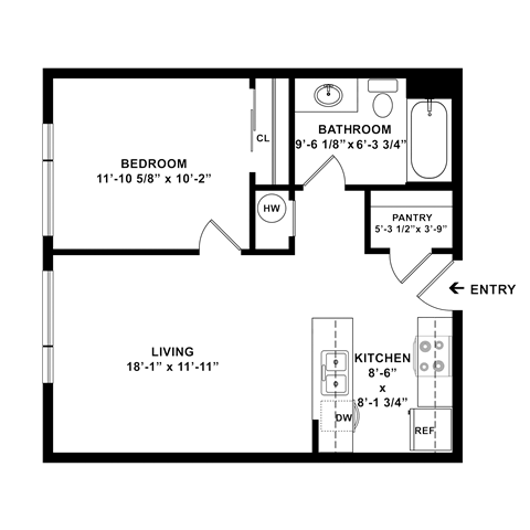 Floor plan for 1 bed, 1 bath, 575 sqft
