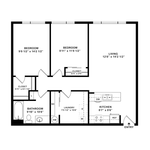Floor plan for 2 beds, 1 bath, 945 sqft