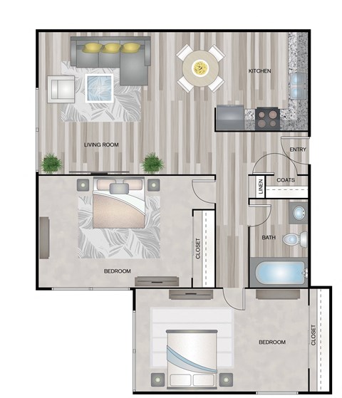 Floor plan for 2 beds, 1 bath, 950 sqft