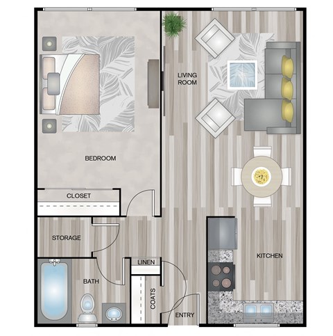 Floor plan for 1 bed, 1 bath, 750 sqft