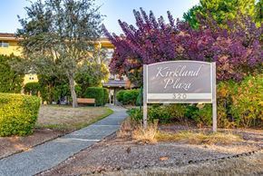 Kirkland apartment for rent - A sign for Kirkland Plaza stands in front of a purple flowering bush.