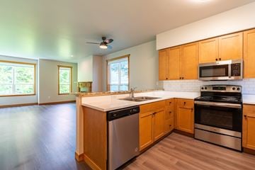 Seattle townhouse for rent - A kitchen with wooden cabinets and stainless steel appliances.