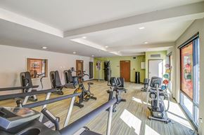 Auburn apartment for rent - a gym with cardio machines and weights on a wood floor
