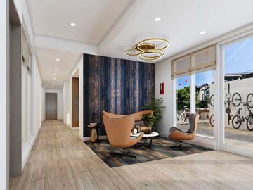 Seattle apartment for rent - A modern living room with a blue curtain and wooden flooring.